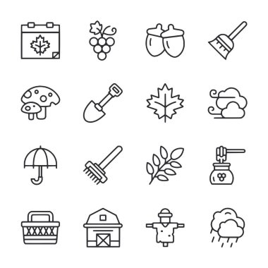 Sonbahar mevsimi için bir takım ikonlar. Simgeler arasında bir yaprak, bir kürek, bir tırmık, bir sepet, bir ev, bir ahır, bir korkuluk, bir balkabağı, bir saat, bir takvim, bir yaprak üfleyici yer alıyor.