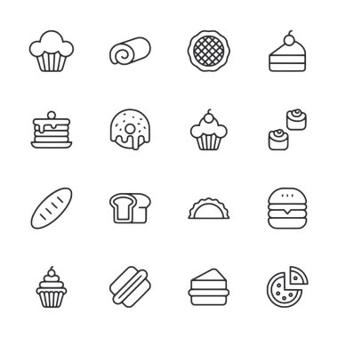 Çörekler, kapkekler, sandviçler, pizza ve diğer yiyecek öğeleri de dahil olmak üzere yiyecek ikonları koleksiyonu.