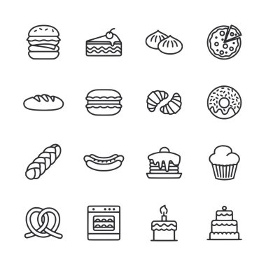 Hamburger, sosisli sandviç, kek, çörek ve sandviç gibi yiyeceklerle ilgili ikonlar.