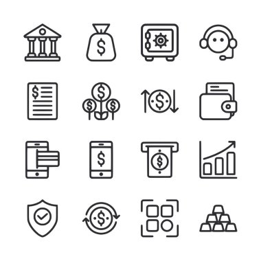 Banka, cüzdan, telefon ve bilgisayar gibi finansal hizmetler için ikonlar.