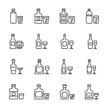 Şişeler, bardaklar ve bardaklar dahil bir dizi alkol ikonu. Simgeler basit ve stil sahibi bir şekilde çizilir.