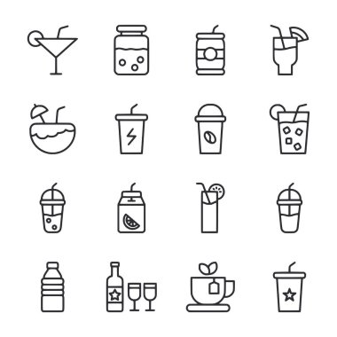 Çeşitli içecekler ve yiyecekler için siyah beyaz ikonlar. İkonlar arasında bir martini bardağı, bir fincan kahve, bir şişe şarap, bir fincan çay, bir bardak meyve suyu, bir bardak soda yer alıyor.