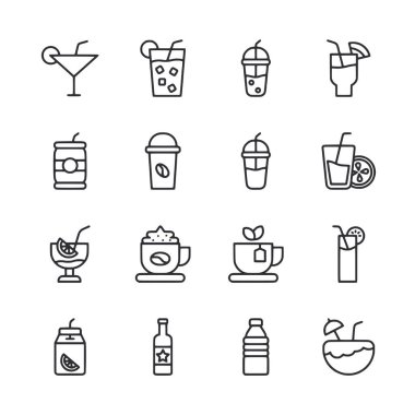 Çeşitli içecekler ve yiyecekler için siyah beyaz ikonlar. İkonlar arasında bir martini bardağı, bir fincan kahve, bir şişe bira, bir şişe soda, bir fincan çay, bir şişe meyve suyu yer alıyor.
