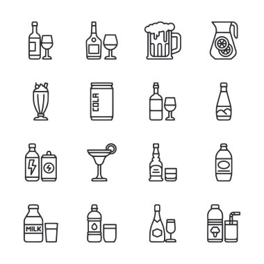 Şişeler, bardaklar ve bardaklar dahil bir dizi alkol ikonu. Simgeler basit ve stil sahibi bir şekilde çizilir.