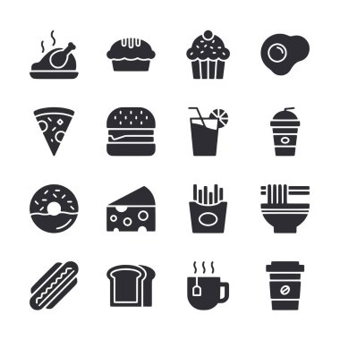 Pizza, çörek, sandviç ve kahve fincanlarını içeren yiyecek ve içecek ikonları.