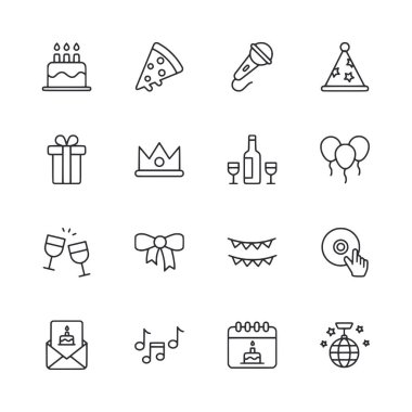 Parti teması için bir takım ikonlar. İkonlar arasında bir pasta, pizza, mikrofon, balonlar ve bir şişe