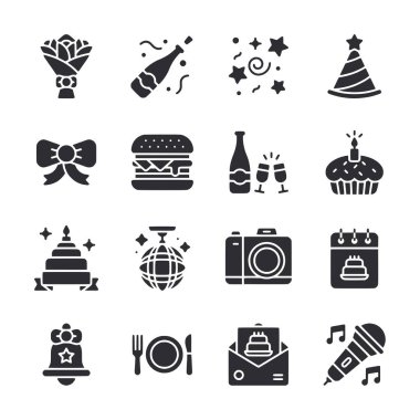 Doğum günü pastası, mikrofon, kamera, sandviç, şişe, şarap bardağı, pasta, mikrofon, kamera, sandviç, şişe, galibiyet gibi çeşitli durumlar için siyah beyaz ikonlar.
