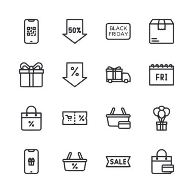 Alışveriş ve satış için siyah beyaz ikonlar. Simgeler arasında bir telefon, bir alışveriş çantası, bir sepet, bir kutu, kırmızı oklu bir kutu, kırmızı oklu bir kutu ve kırmızı oklu bir kutu yer alıyor.