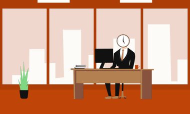 Ofiste çalışan bir patron ya da çalışanın karakterini yarattım. Bir masada otururken ve vektör illüstrasyonu şeklinde zaman disiplinine uğramış bir karakter.