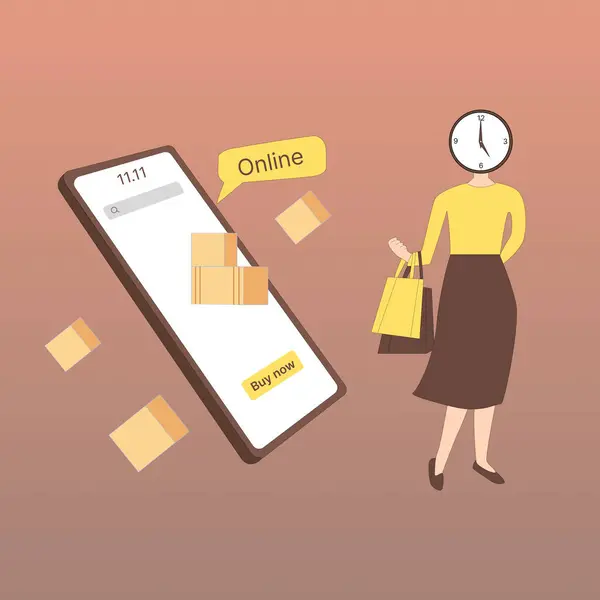 İnternetten alışveriş yapan bir kadının resimli bir karakterini yarattım.