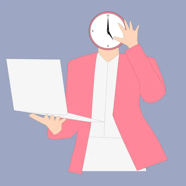 Dizüstü bilgisayar ve saat tutan bir iş kadınının minimalist düz vektör çizimi, zaman yönetimini ve çoklu görevi simgeliyor.
