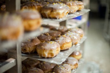 Reçel, krema ya da meyve reçeli gibi çeşitli dolgulu taze kızarmış donutlar.