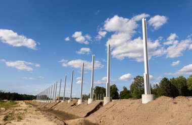 Road building. Highway construction and machines used for construction. Excavator, bulldozer, roller