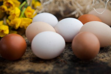 Paskalya süsü. Kırsal bir zeminde paskalya yumurtaları