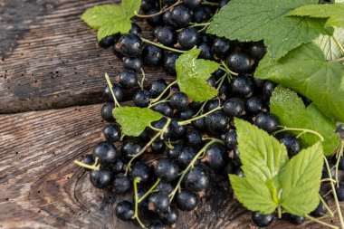 Kara frenk üzümü. Tahta bir arka planda bahçede taze meyve..