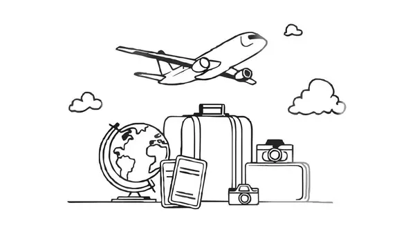 Arka planda bavul ve uçakla seyahat görüntüsü olan boyama sayfası