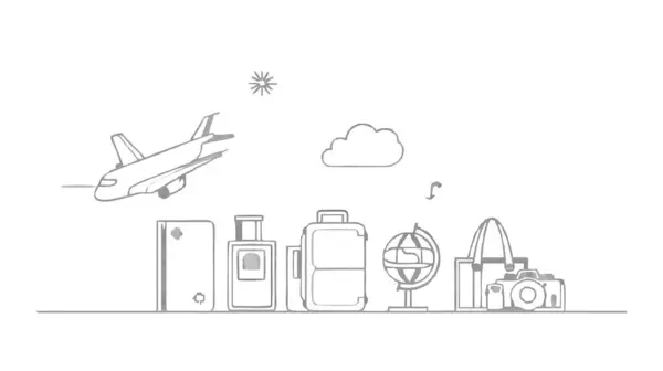 Arka planda bavul ve uçakla seyahat görüntüsü olan boyama sayfası