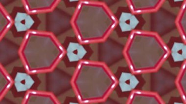 Simetrik dizaynlı soyut bir kaleydoskopik desen. Geometrik şekilli canlı kırmızı bir renk sergiliyor. Karmaşık detaylar ve tekrarlanan kalıplar görsel olarak büyüleyici bir etki yaratır.