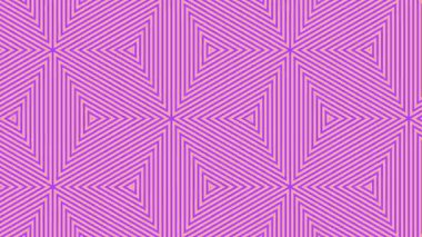 Üç köşeli bir düzende pembe ve mor renkleri gösteren simetrik dizaynlı soyut geometrik bir desen. Karmaşık detaylar ve tekrarlayan şekiller görsel olarak büyüleyici bir etki yaratır.