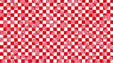 Kırmızı ve beyaz kareli desenli soyut geometrik desen. Tekrarlayan şekiller ve zıt renkler görsel olarak çarpıcı ve modern bir tasarım oluşturur.