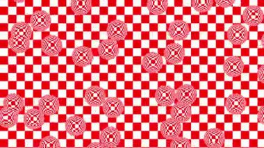 Dairesel şekillerle örtülü kırmızı ve beyaz kareli desenli canlı ve göz alıcı soyut bir arka plan. Dairesel şekillerin eşmerkezli bir daire dizaynı var.