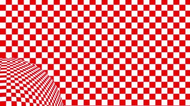 Kırmızı ve beyaz kareli desenli soyut geometrik desen. Tekrarlayan şekiller ve zıt renkler görsel olarak çarpıcı ve modern bir tasarım oluşturur.