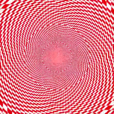 Kırmızı ve beyaz kareli dizaynı olan soyut geometrik desen dönen bir spiral etrafında dönüyor. Tekrarlayan şekiller ve zıt renkler görsel olarak çarpıcı ve dinamik bir tasarım oluşturur