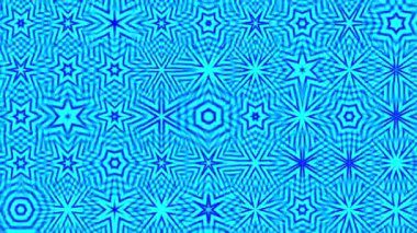 Açık mavi arkaplanda mavi yıldızımsı şekillerin tekrarladığı bir model. Geometrik ve soyut tasarım ve kaleydoskopik bir his. Renk karşıtlığı.