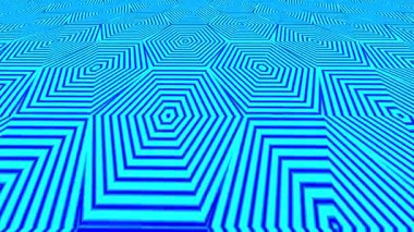 Açık mavi arka planda tekrarlanan mavi altıgen deseni, derinliğin optik illüzyonunu yaratır. Perspektif efektli geometrik tasarım, modern ve canlı.