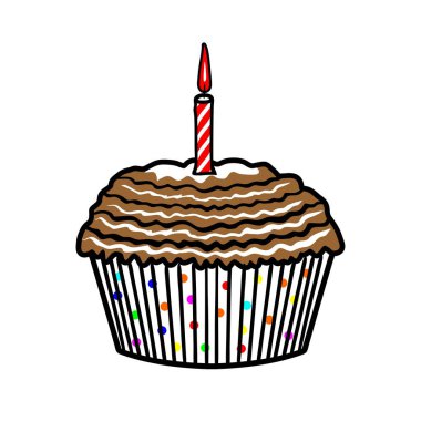 Kırmızı mum ve beyaz vektör illüstrasyonlu tatlı kek kahverengi süt.