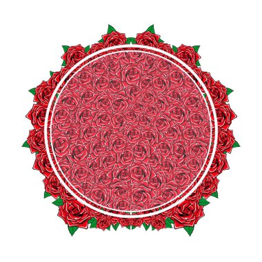 Kırmızı güller ve yapraklar ile daire çerçeve arkaplan çizimi