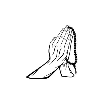 Elinde siyah ve beyaz vektör illüstrasyonları tutarak dua ya da yakarışın el hareketi.