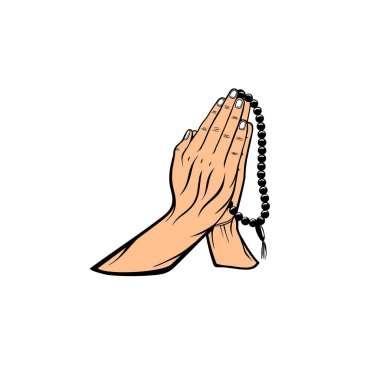 Dua etmenin el hareketi ya da duası dua boncukları vektör illüstrasyonunu tutarak.