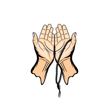 sağ ve sol el işaretleri İslam vektörü illüstrasyonunda dua boncuklarıyla yukarı bakıyor