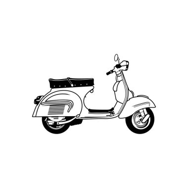 Sarı scooter klasik sağ kenar görünümü siyah ve beyaz vektör çizimi