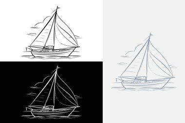 Modern çizgi sanatı yelkenli tekne beyaz logo örneği temiz tasarım