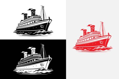 Modern çizgi sanat küreği buharlı vapur beyaz logo örneği temiz tasarım