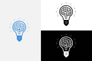 Modern çizgi sanat beyin ampulü beyaz logo örneği temiz tasarım 