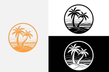 Modern çizgi sanat hindistan cevizi denizi ve plaj beyaz logosu temiz tasarım örneği