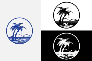 Modern çizgi sanat hindistan cevizi denizi ve plaj beyaz logosu temiz tasarım örneği