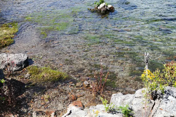 Yukarıdan, kısmen suyla kaplanmış, dokulu, gri taşlı bir yüzey.