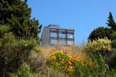 ev ağaçlar ve çiçeklerle çevrili, San Carlos de Bariloche, Arjantin, Güney Amerika.
