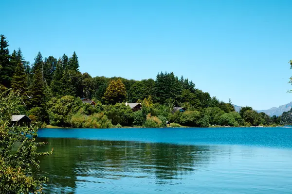 Mavi bir göl yakınında yeşil bitki örtüsü olan kıyı, ufukta dağlardan oluşan bir manzara ve orman içinde evleri olan Bariloche Ulusal Parkı.