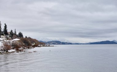 Şehir binalarının manzarası ve arkasında karla kaplı dağlar olan bir kış gölü. Güney Amerika, San Carlos de Bariloche