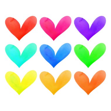 Beyaz arkaplana vektör eli çizilmiş suluboya kalpler