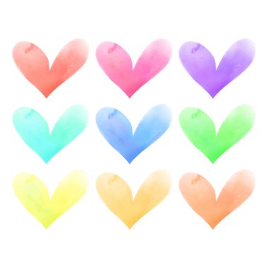 Beyaz arkaplanda vektör eli çizilmiş suluboya kalpler