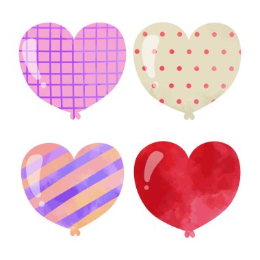 Kalp şeklinde uçan balonları ve farklı dokuları olan vektör suluboya kart, sevgililer günü konsepti