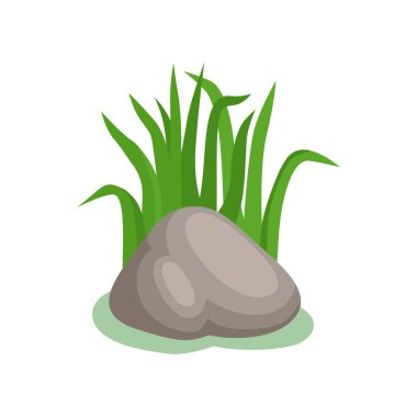 Çimenli, taşlı ve yeşil otlu vektör kayaları. Doğa kayası, dış mekan illüstrasyonu