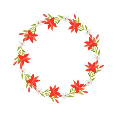 Beyaz arkaplana vektör eli çizilmiş çiçek çelengi