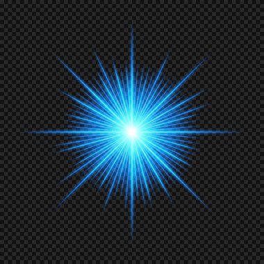 Lens fişeklerinin vektör ışığı etkisi. mavi parıldayan ışıklar, şeffaf arkaplanda parıldayan yıldız patlaması efektleri